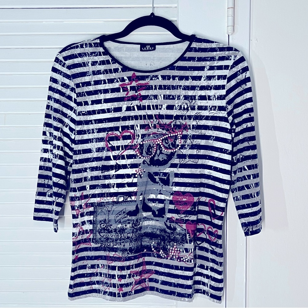 Dog lovers shirt, 🐶🐕‍🦺🐩🦮❤️striped, navy-purple-white